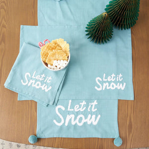 Blue woven napkins with festive lettering, perfect for winter dining.