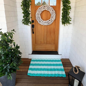Doormat for Outdoors, Lobster Rope Outdoor Doormat in Teal & Seafoam Cabana Stripes