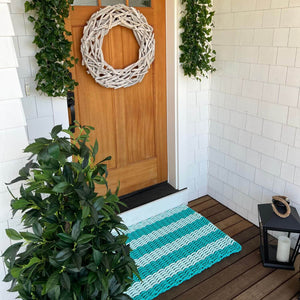 Front Door Mats Outdoor, Waterproof Outdoor Doormats, Teal & Seafoam Cabana Stripes Best Doormats