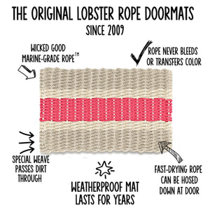 Sand, Light Tan and Nantucket Red Special Edition Wicked Good Lobster Rope™ Doormat Features Infographic Showing Marine-Grade Rope, Dirt-Passing Weave and Fast-Drying Performance, Maine-Made Outdoor Doormat