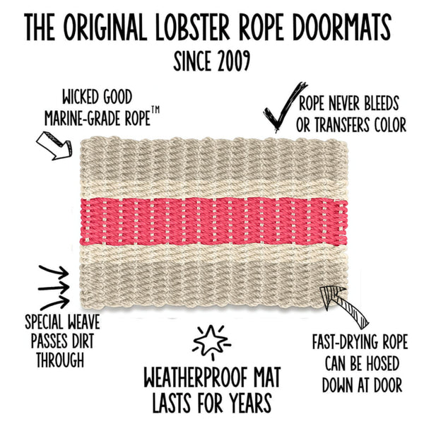 Sand, Light Tan and Nantucket Red Special Edition Wicked Good Lobster Rope™ Doormat Features Infographic Showing Marine-Grade Rope, Dirt-Passing Weave and Fast-Drying Performance, Maine-Made Outdoor Doormat