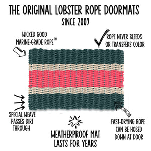 Christmas Spruce, Light Tan and Nantucket Red Wicked Good Lobster Rope™ Doormat Features Infographic Showing Marine-Grade Rope, Dirt-Passing Weave and Weatherproof Outdoor Performance, Maine-Made Coastal Doormat