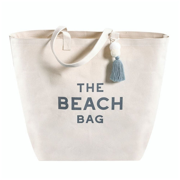 Large cotton canvas beach tote with The Beach Bag text