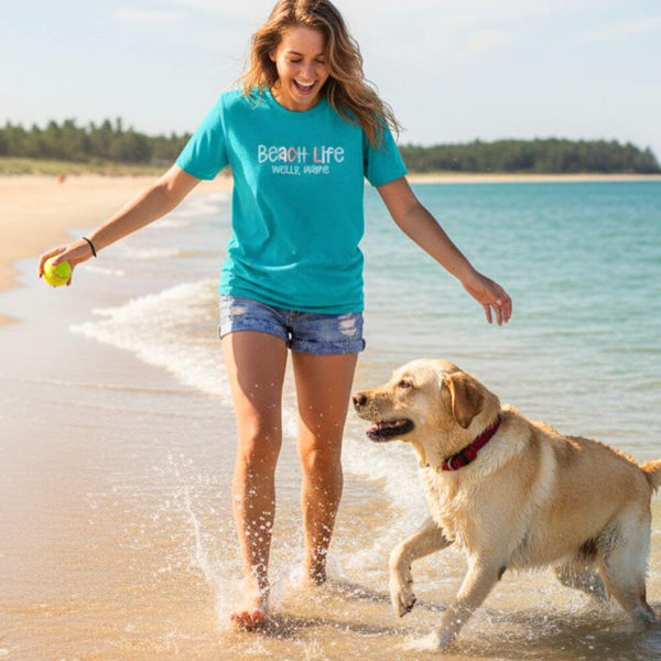 Soft cotton unisex Beach Life t-shirt with personalized design, featuring a relaxed fit and durable ribbed knit collar