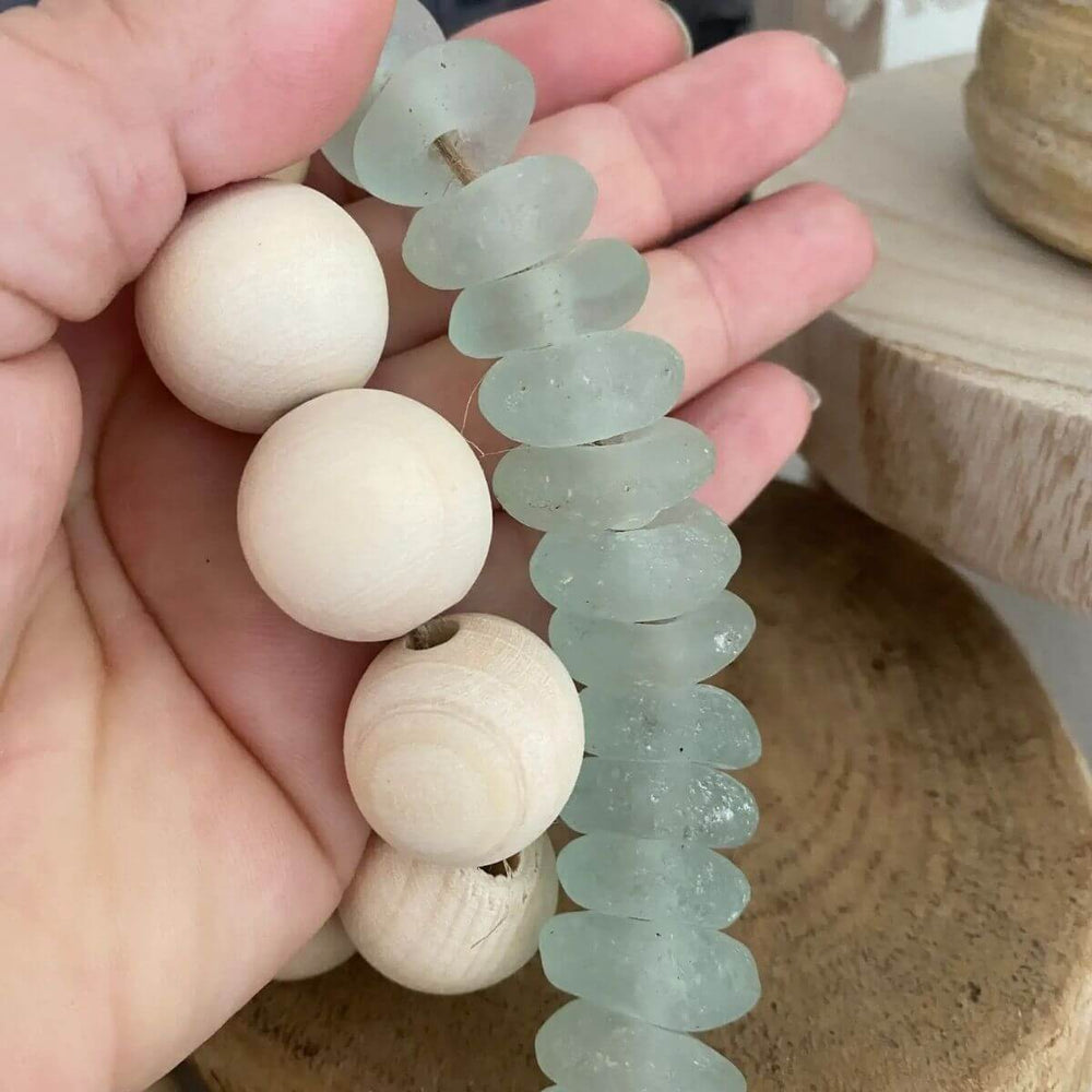 Recycled Glass & Wood Garland, Coastal Beaded Garland with Natural Wood Accents