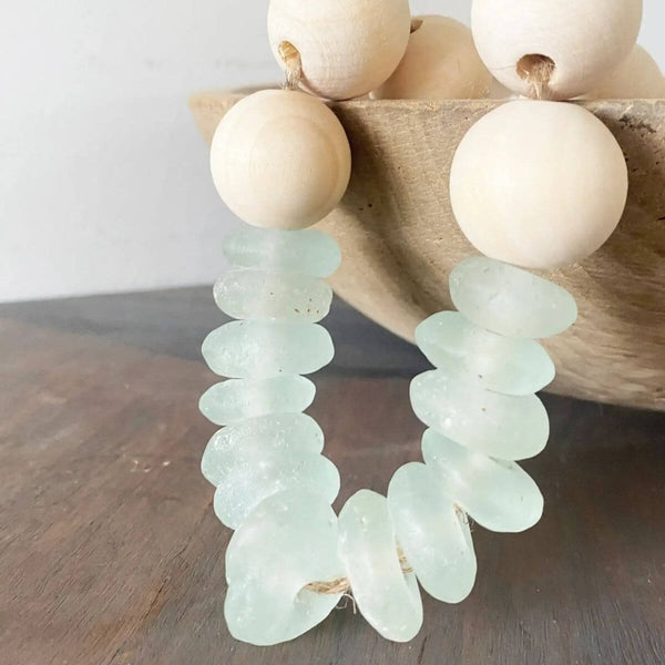 Sea Glass Thin Round Garland Aqua, Recycled sea glass and natural wood coastal decor