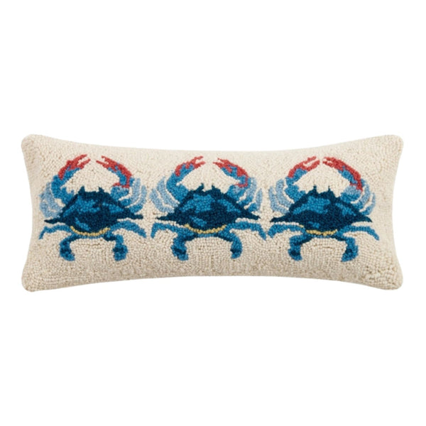 Three Blue Crabs Coastal Hook Pillow, 8" x 20"