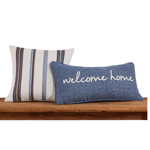 Elevate your home décor with this Welcome Home embroidered pillow in blue, a perfect accent for coastal-style living spaces.
