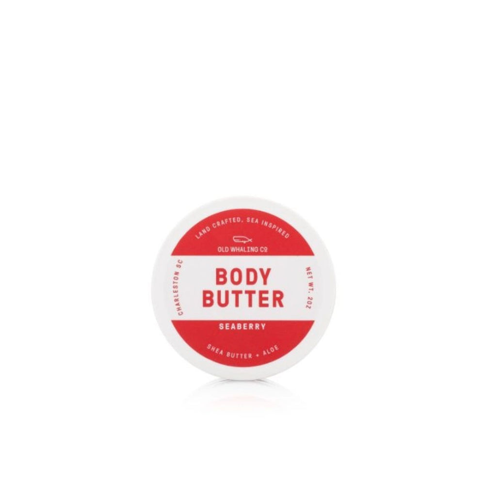 Coastal-inspired Seaberry travel-size body butter, 2oz jar with a fruity blend of wild berries, plum, and warm vanilla, enriched with shea butter, sunflower oil, and aloe vera for soft, nourished skin.