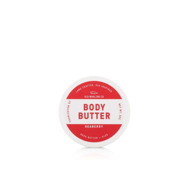 Coastal-inspired Seaberry travel-size body butter, 2oz jar with a fruity blend of wild berries, plum, and warm vanilla, enriched with shea butter, sunflower oil, and aloe vera for soft, nourished skin.