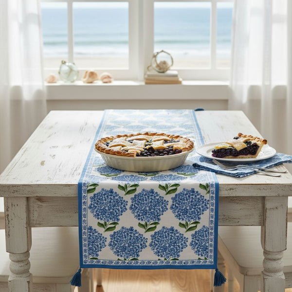 Charming hydrangea-patterned table runner made of high-quality cotton, enhancing any dining setup with a cozy coastal feel