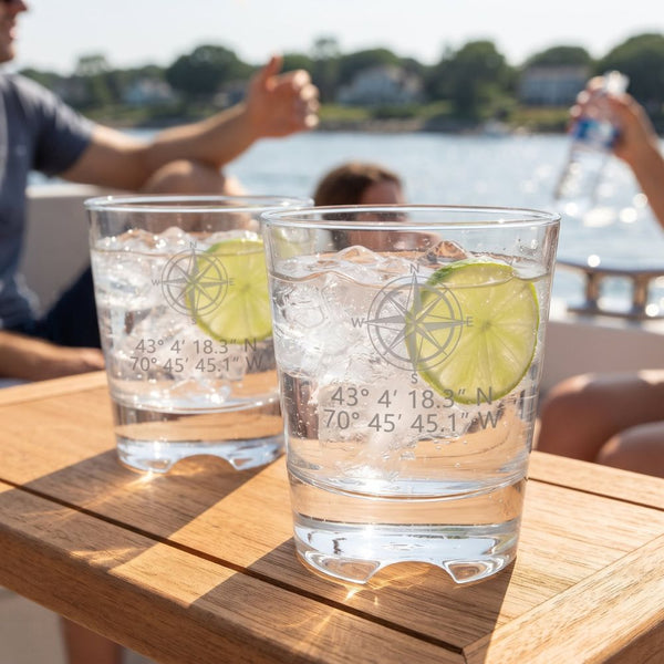 Latitude Longitude Nautical Glasses, Unbreakable Acrylic, 5 Coastal Designs + Latitude & Longitude, Old Fashioned Tumblers Set of 4