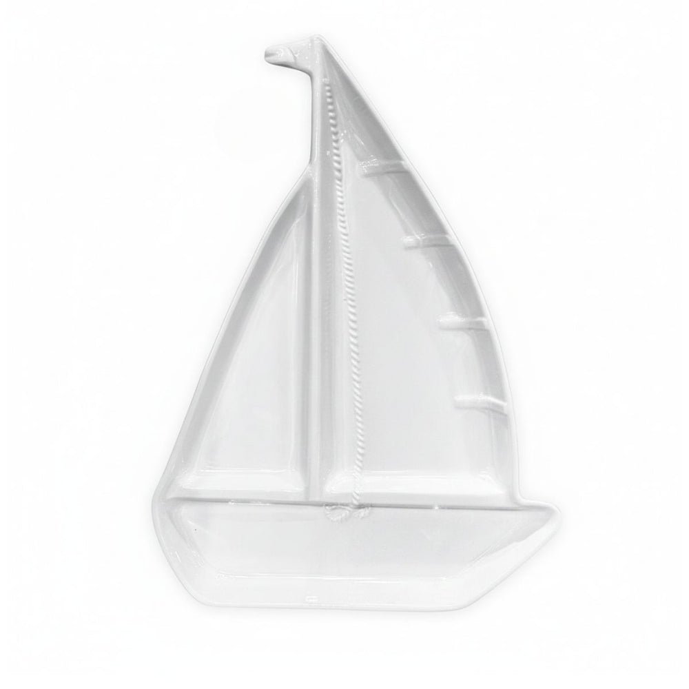 White sailboat-shaped chip and dip tray, durable melamine, ideal for casual coastal gatherings