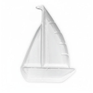 White sailboat-shaped chip and dip tray, durable melamine, ideal for casual coastal gatherings