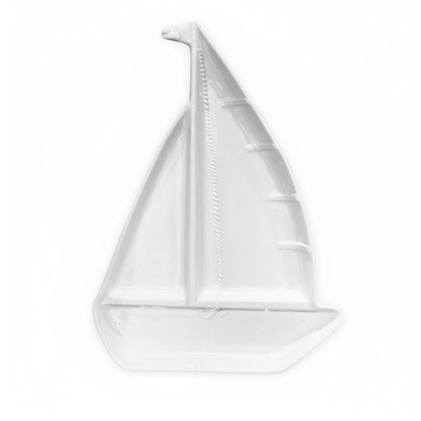 White sailboat-shaped chip and dip tray, durable melamine, ideal for casual coastal gatherings