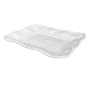 White nautical rope rectangular serving platter, durable melamine, ideal for beach house or coastal entertaining.