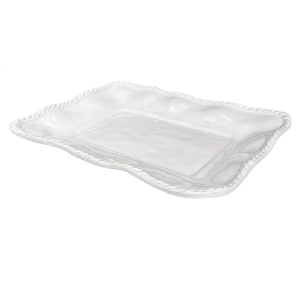 White nautical rope rectangular serving platter, durable melamine, ideal for beach house or coastal entertaining.
