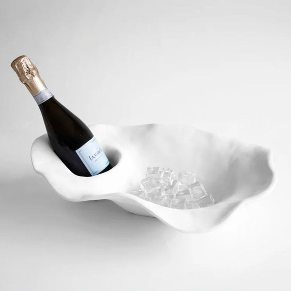 White oyster shell champagne bucket, heavy-weight melamine, stylish for casual gatherings indoors or outdoors.