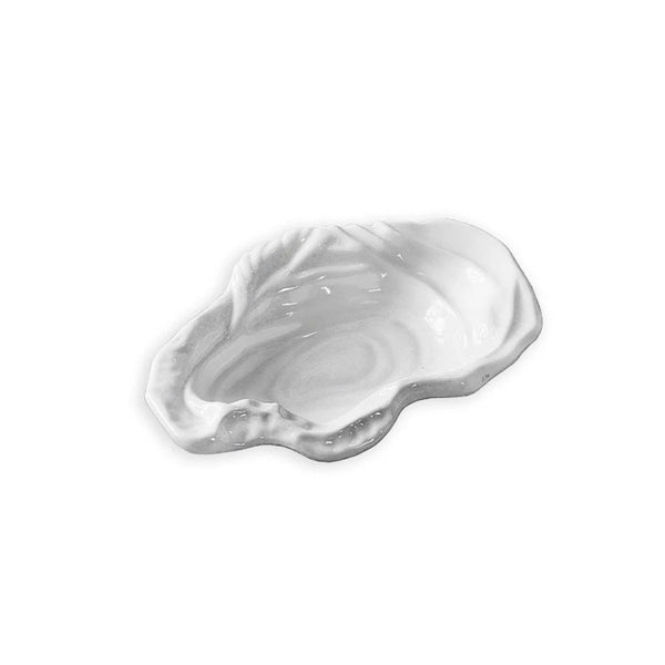 Ocean Oyster bowl in white melamine, oyster shell shape, perfect for chips, dips, or small seafood dishes.