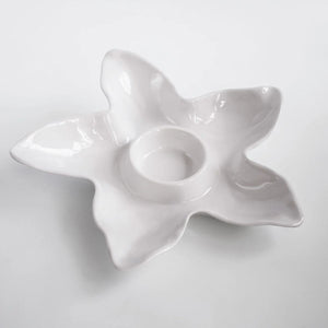 Coastal-inspired white starfish melamine chip and dip tray with separate dip center for casual serving.