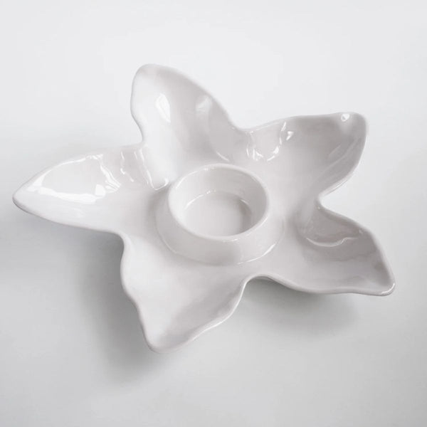 Coastal-inspired white starfish melamine chip and dip tray with separate dip center for casual serving.
