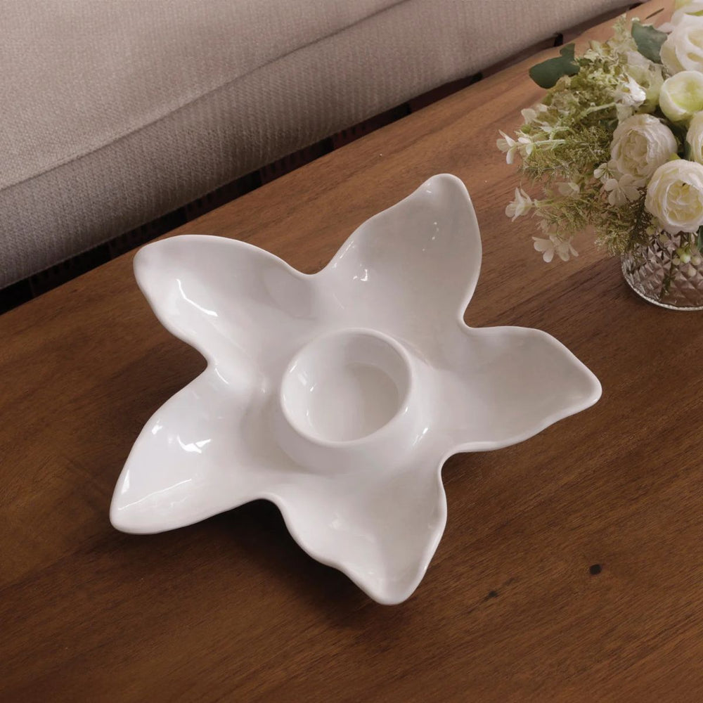 Coastal-inspired white starfish melamine chip and dip tray with separate dip center for casual serving.