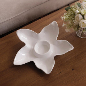 Coastal white starfish chip and dip platter with built-in bowl, perfect for beach house entertaining.