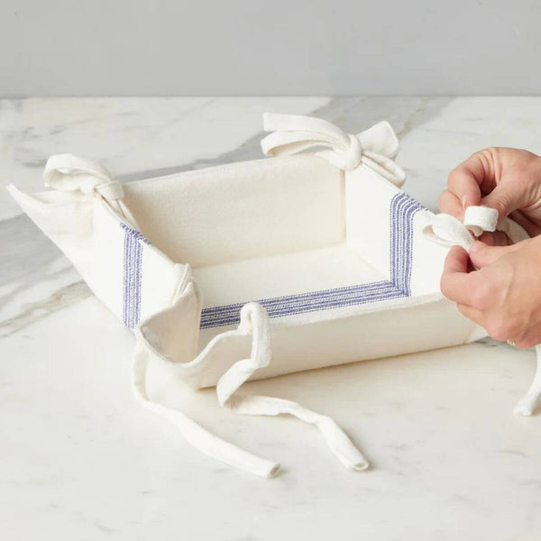 Vintage-style coastal table organizer featuring navy blue stripes, ideal for holding napkins and small items, 100% Cotton