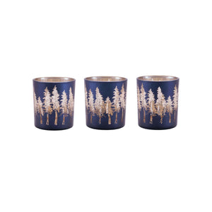 Set of three navy glass votive candle holders with gold tree design, winter coastal candle décor.