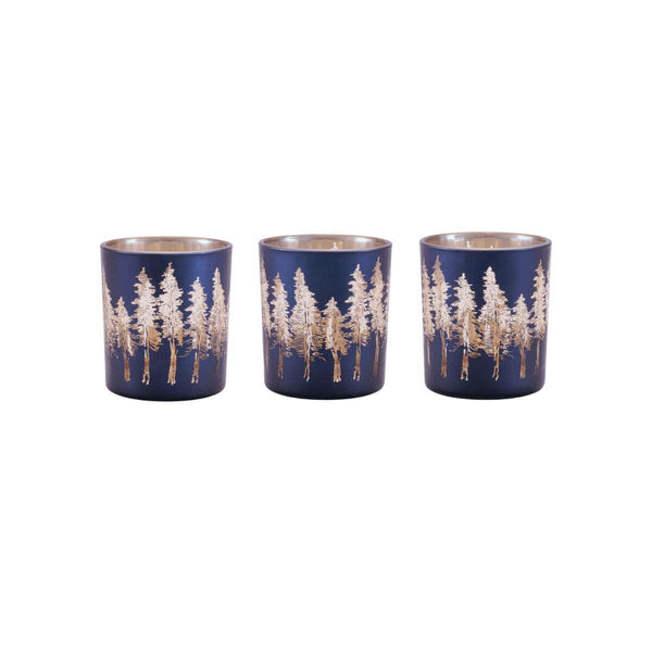 Set of three navy glass votive candle holders with gold tree design, winter coastal candle décor.