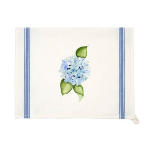 Hydrangea tea towel with watercolor blue blooms and vintage-inspired stripe, made from natural cotton for a soft coastal touch in the kitchen.