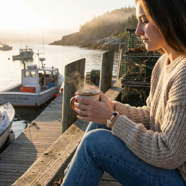 Hand-dyed cotton rope bracelet with gold anchor, inspired by coastal living, perfect for layering or gifting.