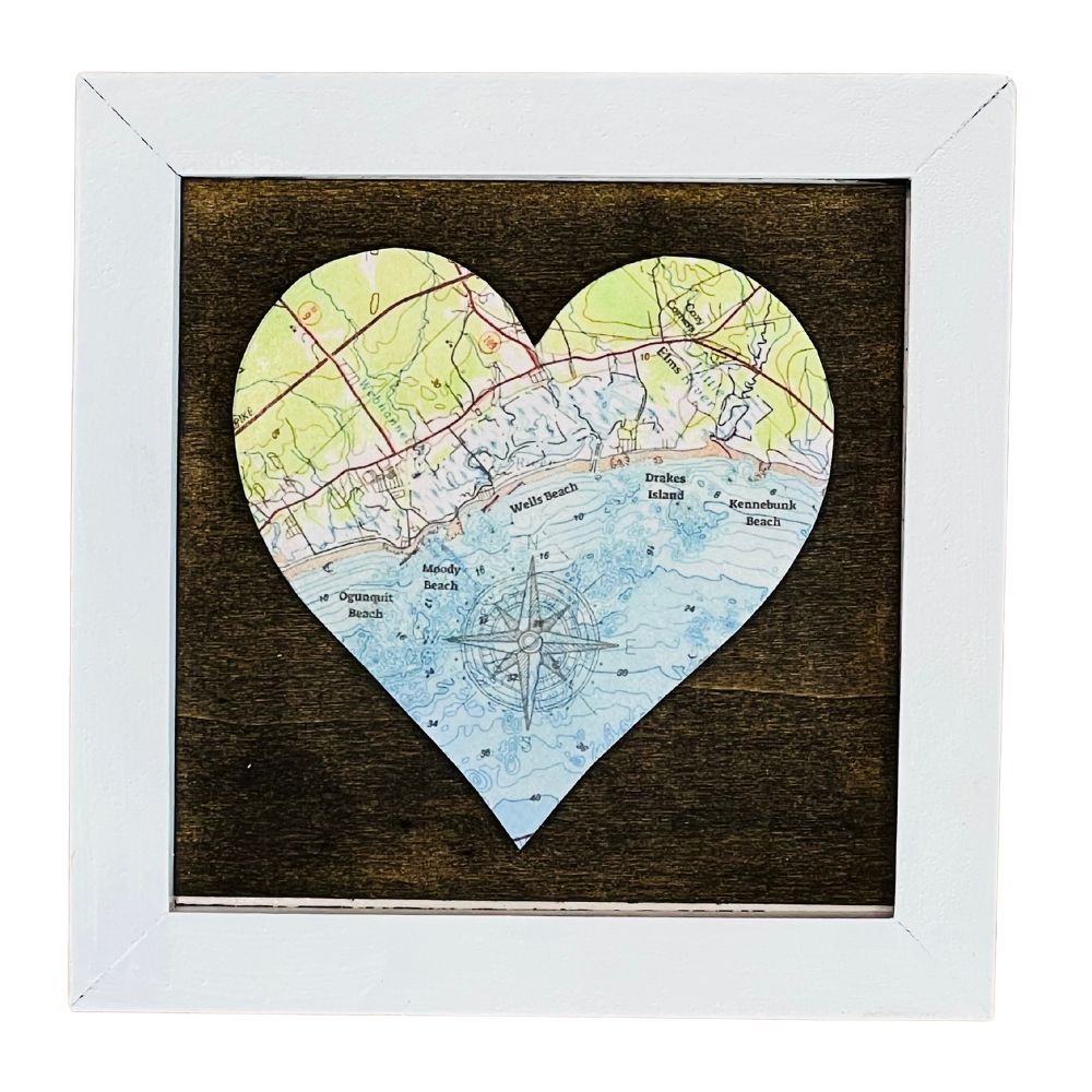 Wells Maine Heart, White Wood Frame, Framed Coastal Artwork