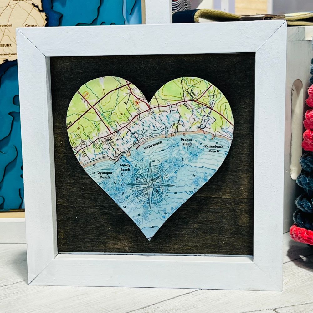 Wells Maine Heart, White Wood Frame, Framed Coastal Artwork