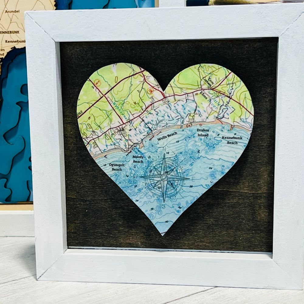 Wells Maine Heart, White Wood Frame, Framed Coastal Artwork