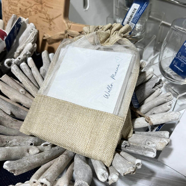 Wells Maine Note Card Set With Navy Script And Blue Heart, 10 White Cards And Envelopes In Linen Drawstring Gift Bag, Coastal Gift Ideas