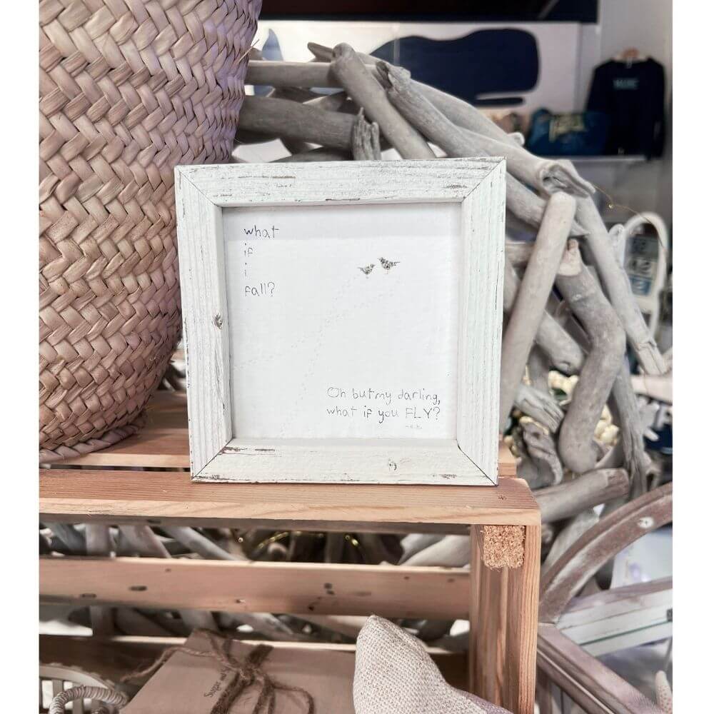 "What If You Fly" 5.75 x 5.75 Coastal Art, Reclaimed White Wood Frame