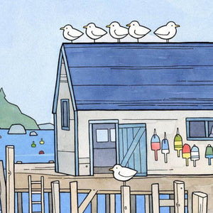 Whimsical New England Seascape Print, Lobster Dock Art Print, 8 x 10