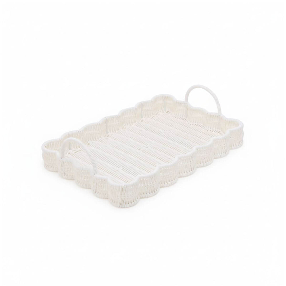Wicker serving tray pair with scalloped edge design and handles