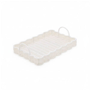 Wicker serving tray with scalloped edges and sturdy handles