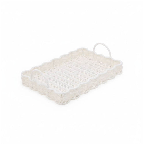Wicker serving tray with scalloped edges and sturdy handles