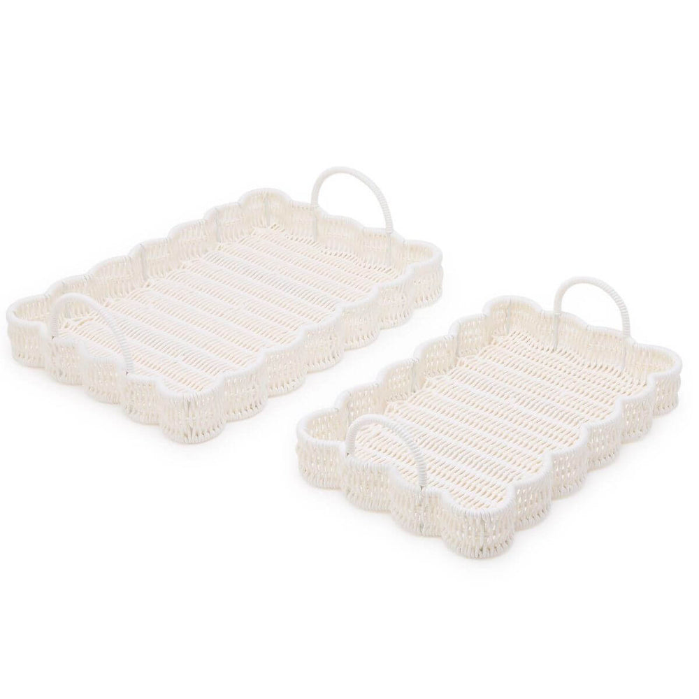 Wicker serving tray pair with scalloped edge design and handles
