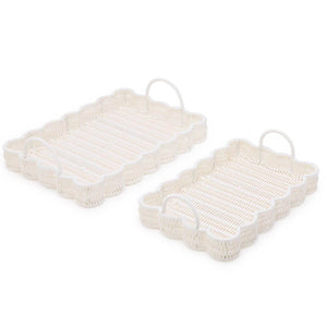 Wicker serving tray pair with scalloped edge design and handles