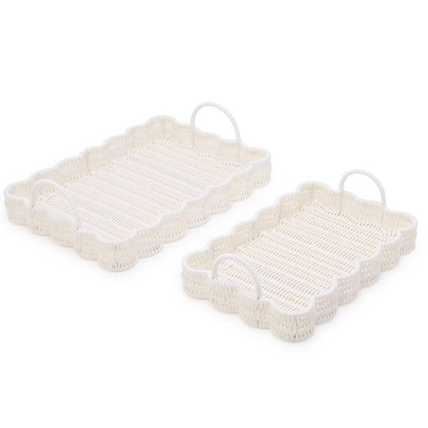 Wicker serving tray pair with scalloped edge design and handles
