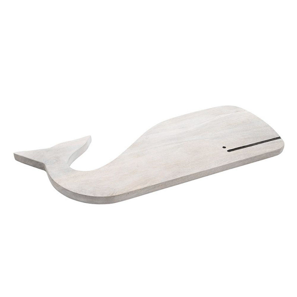 White mango wood whale-shaped serving board, 17.5 inches long