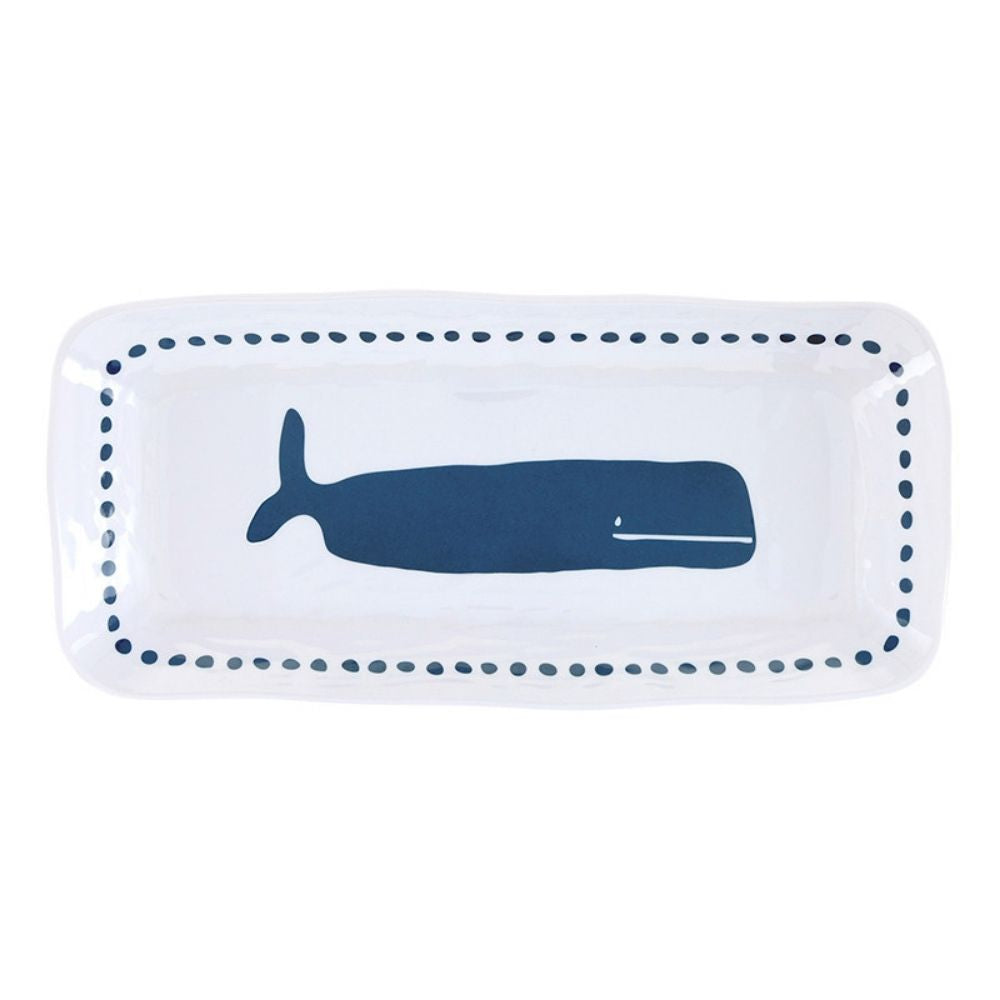 Top view of 14-inch whale melamine platter with blue whale design