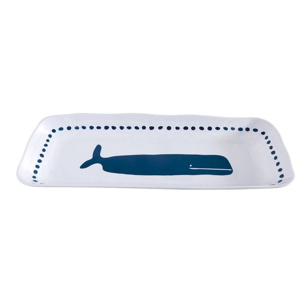 Side view of whale-shaped melamine serving platter