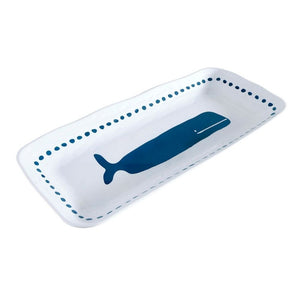 14-inch white melamine serving platter with blue whale design and dotted border