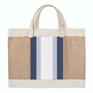 Mini jute market tote bag with white and blue stripes and leather handles on white background