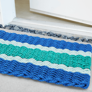 Lobster Rope Doormats, Outdoor Door Mats, Wicked Good Door Mats Made in Maine, Blue, Seafoam, Teal, Angled View in Front Door